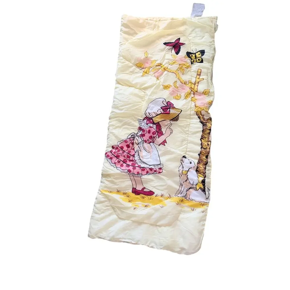 Vintage 1970s holly hobbie yellow child’s kid sleeping bag cottagecore upcycle